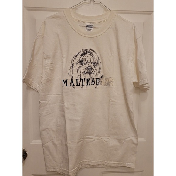 Gildan Tops - large white Unisex embroidered Maltese t-shirt. Maltese Face & Dog With MALTESE